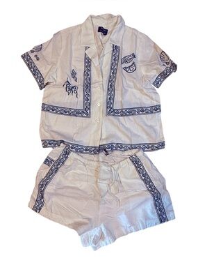 NWT** Madewell White Two-Piece Short Set with Blue Trim